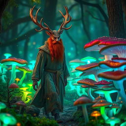 A red-haired, bearded Druid with majestic deer antlers is walking through a vibrant fungal forest