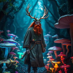 A red-haired, bearded Druid with majestic deer antlers is walking through a vibrant fungal forest