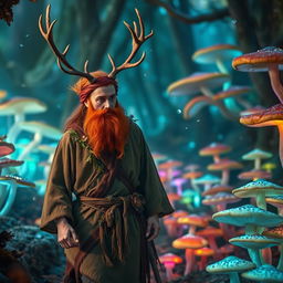 A red-haired, bearded Druid with majestic deer antlers is walking through a vibrant fungal forest