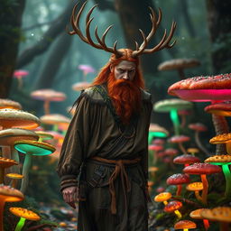 A red-haired, bearded Druid with majestic deer antlers is walking through a vibrant fungal forest