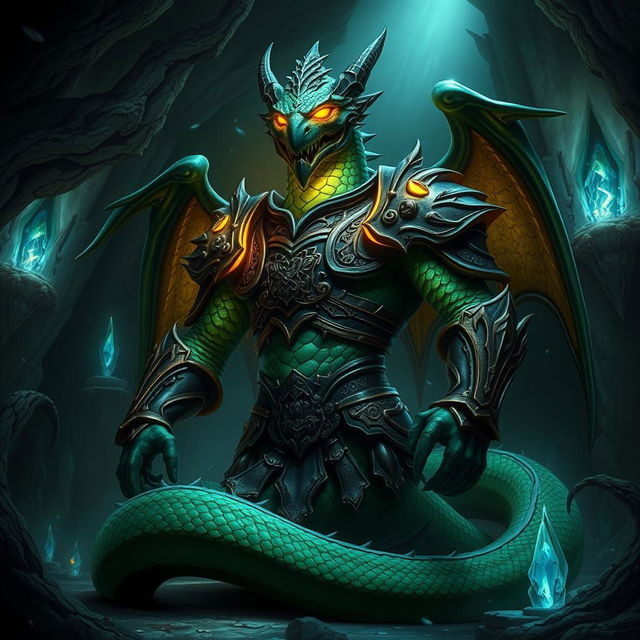 An imposing and mystical guardian naga character inspired by Dungeons and Dragons, depicted in a dark fantasy setting