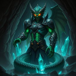 An imposing and mystical guardian naga character inspired by Dungeons and Dragons, depicted in a dark fantasy setting