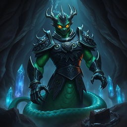 An imposing and mystical guardian naga character inspired by Dungeons and Dragons, depicted in a dark fantasy setting