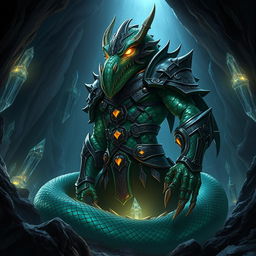 An imposing and mystical guardian naga character inspired by Dungeons and Dragons, depicted in a dark fantasy setting