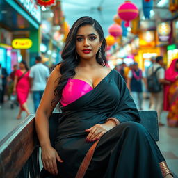 A bold and glamorous scene featuring a sexy American woman sitting confidently in a vibrant public area, wearing an elegant black saree that contrasts beautifully with her style