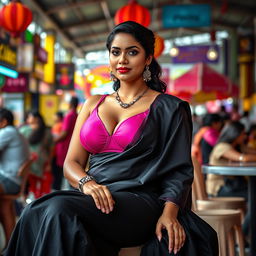 A bold and glamorous scene featuring a sexy American woman sitting confidently in a vibrant public area, wearing an elegant black saree that contrasts beautifully with her style