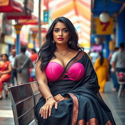 A bold and glamorous scene featuring a sexy American woman sitting confidently in a vibrant public area, wearing an elegant black saree that contrasts beautifully with her style