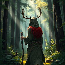 A red-haired, hooded Druid with impressive deer antlers is walking through a dense, deep forest