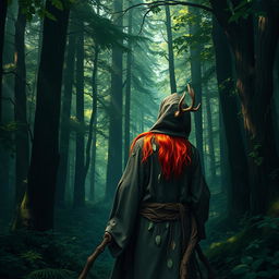 A red-haired, hooded Druid with impressive deer antlers is walking through a dense, deep forest