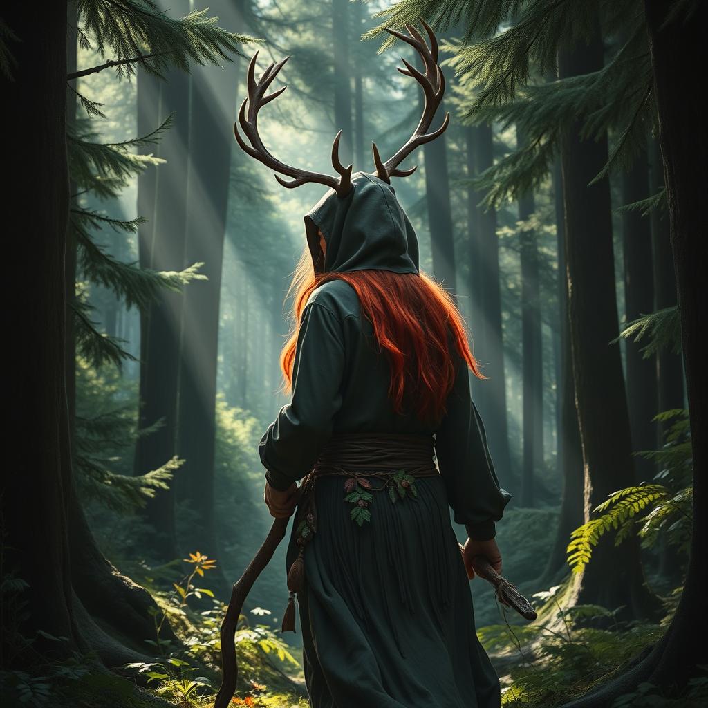 A red-haired, hooded Druid with impressive deer antlers is walking through a dense, deep forest