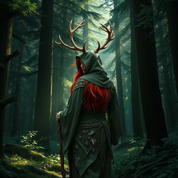 A red-haired, hooded Druid with impressive deer antlers is walking through a dense, deep forest