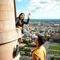 A beautiful woman leaning out from a tower, smiling and waving enthusiastically