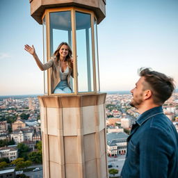 A beautiful woman leaning out from a tower, smiling and waving enthusiastically