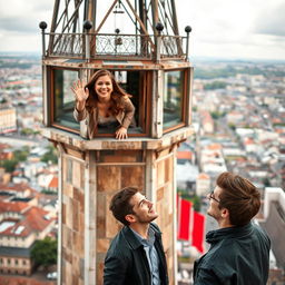 A beautiful woman leaning out from a tower, smiling and waving enthusiastically