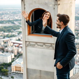 A beautiful woman leaning out from a tower, smiling and waving enthusiastically