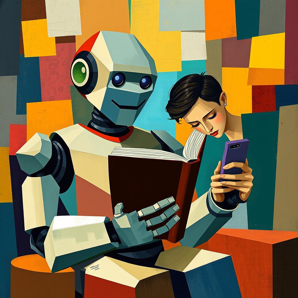 A cubist style image depicting a humanoid robot reading a book, showcasing geometric shapes and angular forms