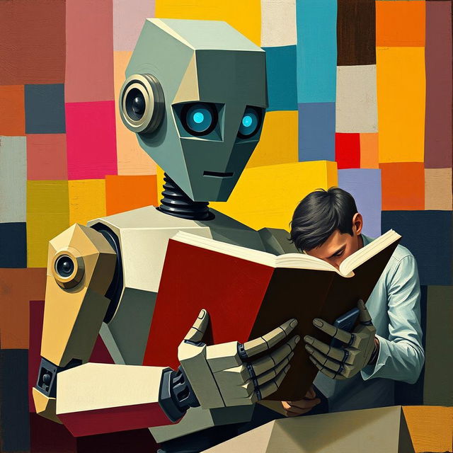 A cubist style image depicting a humanoid robot reading a book, showcasing geometric shapes and angular forms