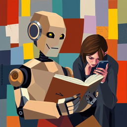 A cubist style image depicting a humanoid robot reading a book, showcasing geometric shapes and angular forms