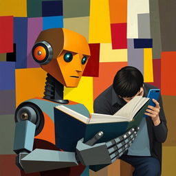 A cubist style image depicting a humanoid robot reading a book, showcasing geometric shapes and angular forms