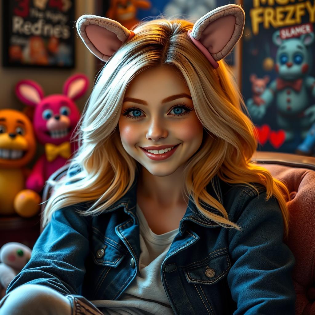 A beautiful and sexy blonde girl who is a huge fan of Five Nights at Freddy's, exuding a kind and loving personality