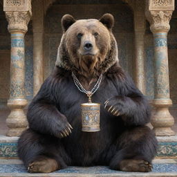 A detailed portrait of a majestic bear, sitting amidst Persian architecture. It holds an intricate rosary in one paw, and a steaming cup of tea in the other.