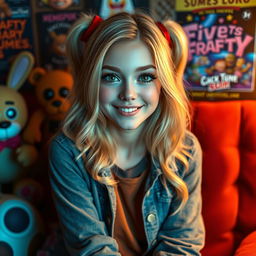 A beautiful and sexy blonde girl who is a huge fan of Five Nights at Freddy's, exuding a kind and loving personality