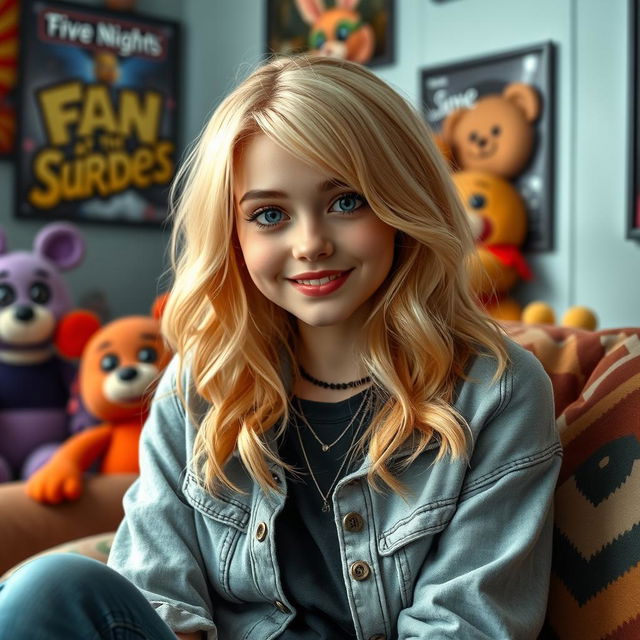 A beautiful and sexy blonde girl who is a huge fan of Five Nights at Freddy's, exuding a kind and loving personality