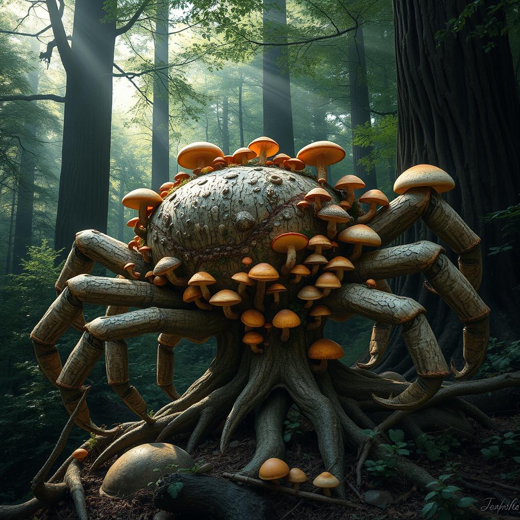 A unique crab-like Treefolk with a textured, bark-like shell resembles a large crustacean, featuring multiple segmented limbs resembling claws