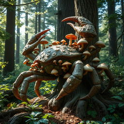 A unique crab-like Treefolk with a textured, bark-like shell resembles a large crustacean, featuring multiple segmented limbs resembling claws