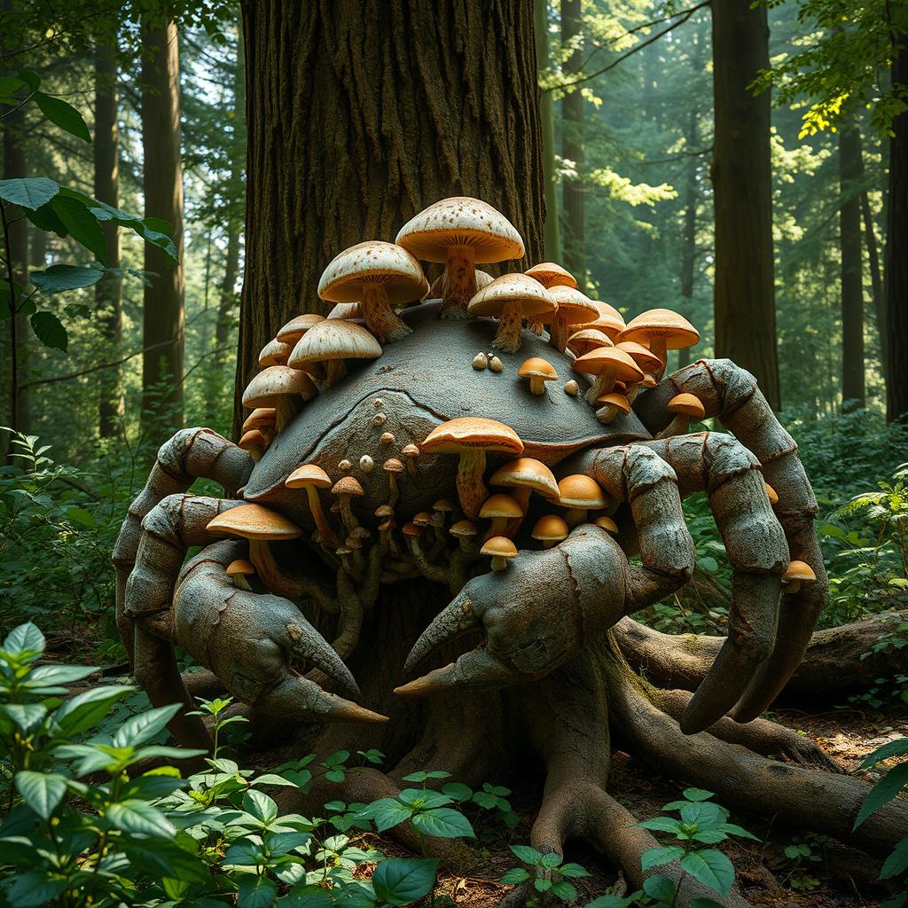 A unique crab-like Treefolk with a textured, bark-like shell resembles a large crustacean, featuring multiple segmented limbs resembling claws