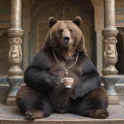 A detailed portrait of a majestic bear, sitting amidst Persian architecture. It holds an intricate rosary in one paw, and a steaming cup of tea in the other.