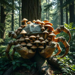 A unique crab-like Treefolk with a textured, bark-like shell resembles a large crustacean, featuring multiple segmented limbs resembling claws