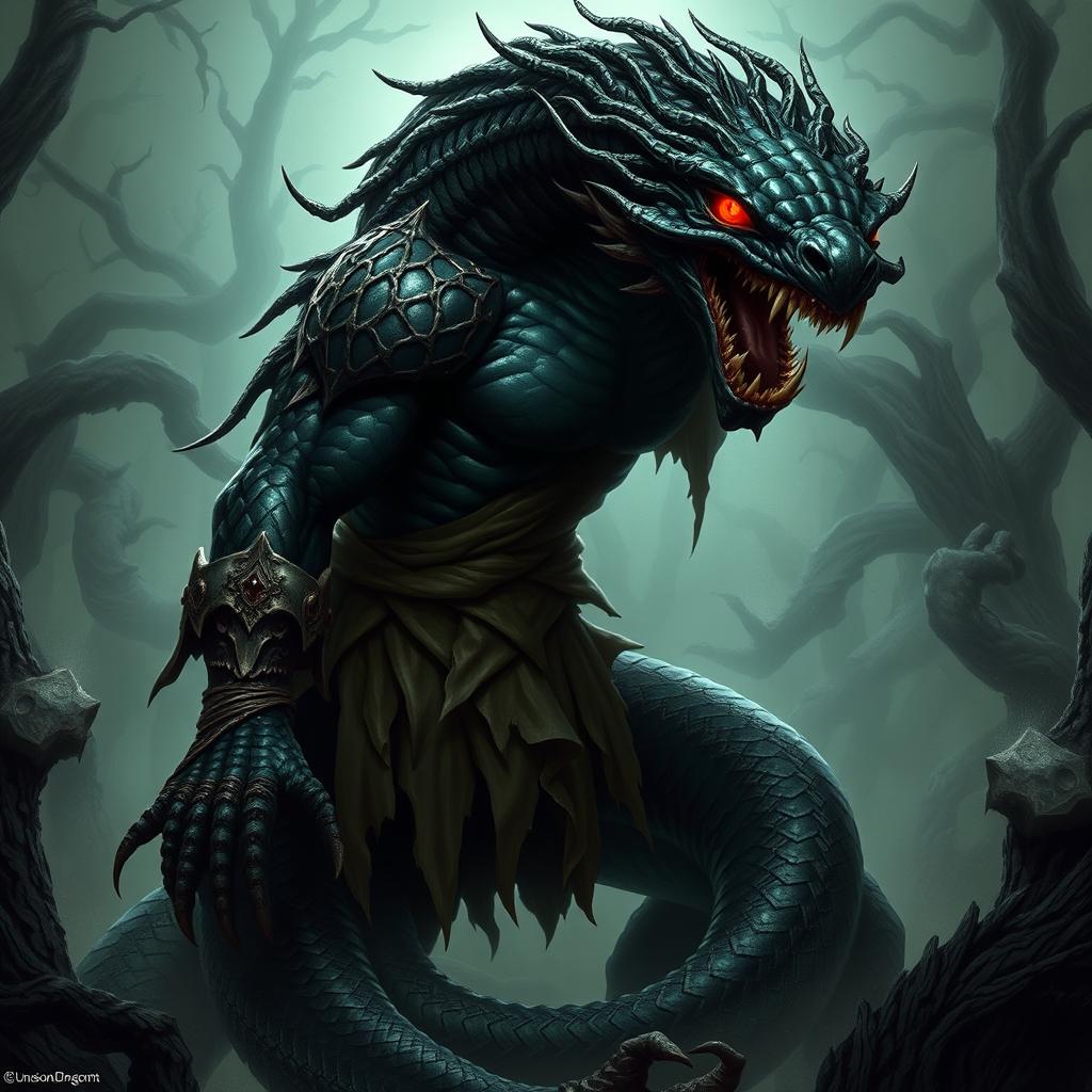 A menacing and powerful guardian naga character from Dungeons and Dragons, portrayed in a dark fantasy theme