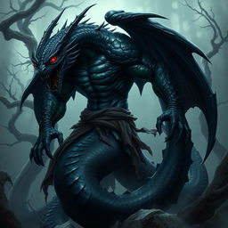 A menacing and powerful guardian naga character from Dungeons and Dragons, portrayed in a dark fantasy theme