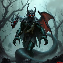 A menacing and powerful guardian naga character from Dungeons and Dragons, portrayed in a dark fantasy theme