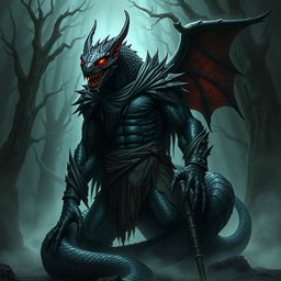 A menacing and powerful guardian naga character from Dungeons and Dragons, portrayed in a dark fantasy theme