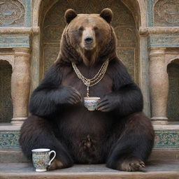 A detailed portrait of a majestic bear, sitting amidst Persian architecture. It holds an intricate rosary in one paw, and a steaming cup of tea in the other.