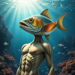 A surreal artwork depicting a human body with a fish head, seamlessly blending human anatomy with aquatic features