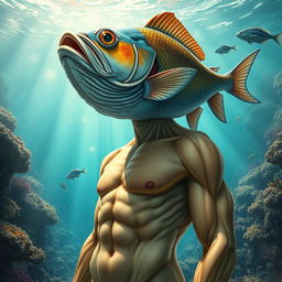 A surreal artwork depicting a human body with a fish head, seamlessly blending human anatomy with aquatic features