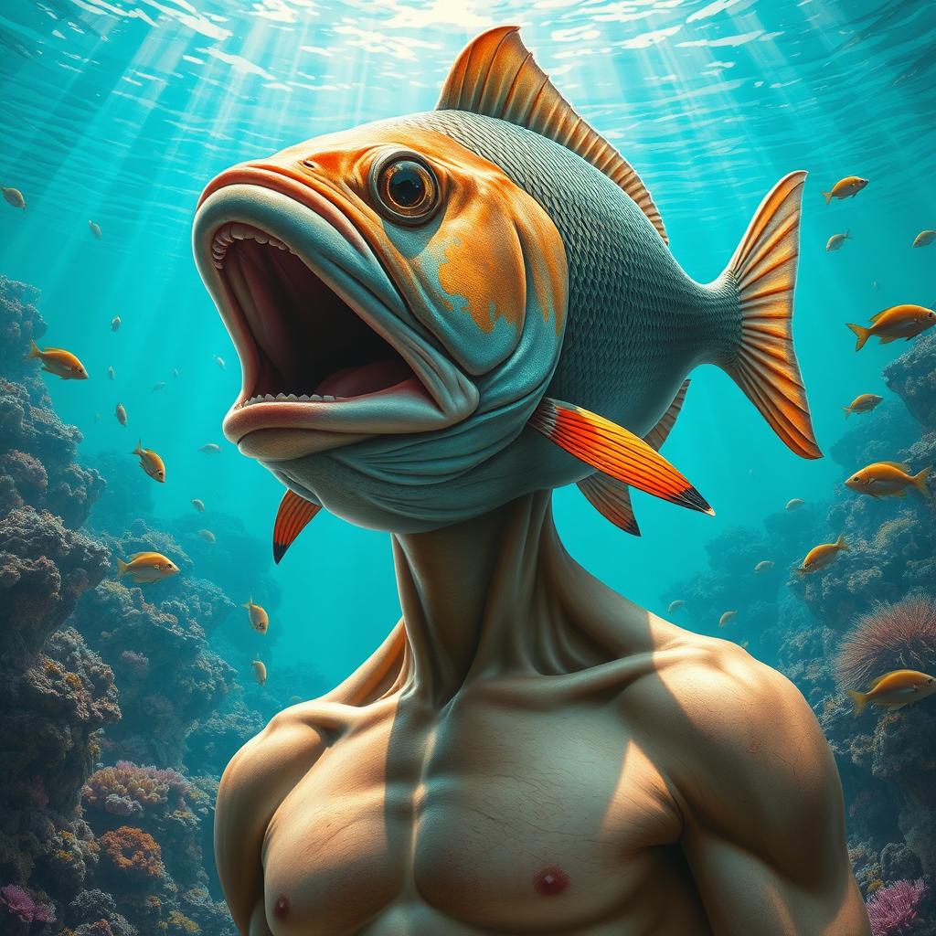 A surreal artwork depicting a human body with a fish head, seamlessly blending human anatomy with aquatic features