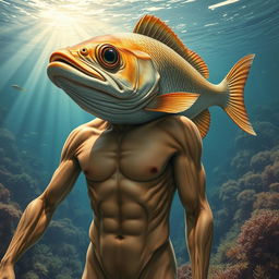 A surreal artwork depicting a human body with a fish head, seamlessly blending human anatomy with aquatic features