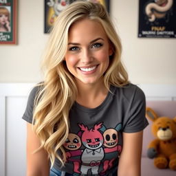 A sexy, kind, and loving blonde woman who is a fan of Five Nights at Freddy's