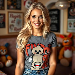 A sexy, kind, and loving blonde woman who is a fan of Five Nights at Freddy's