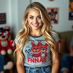 A sexy, kind, and loving blonde woman who is a fan of Five Nights at Freddy's