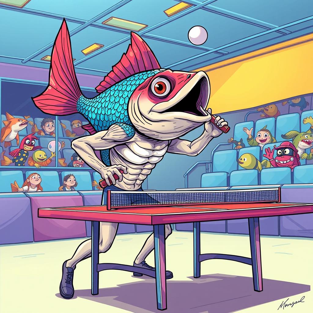 A whimsical and surreal illustration of a human body with a fish head playing ping pong