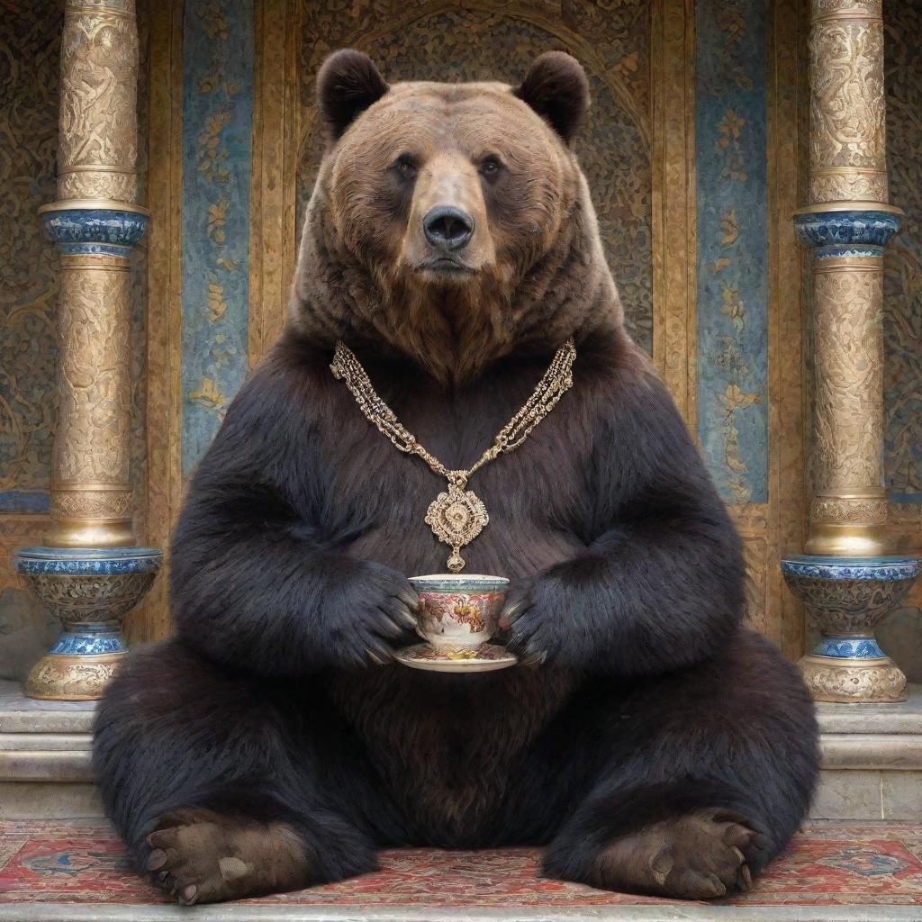 A detailed portrait of a majestic bear, sitting amidst Persian architecture. It holds an intricate rosary in one paw, and a steaming cup of tea in the other.