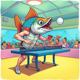 A whimsical and surreal illustration of a human body with a fish head playing ping pong