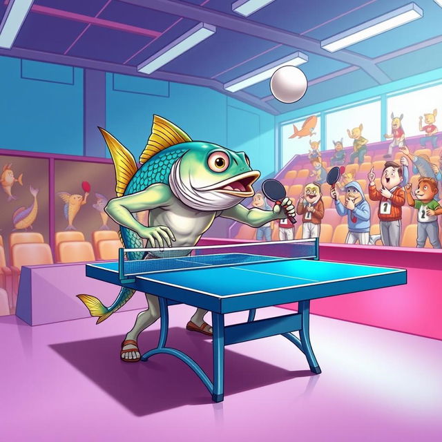 A whimsical and surreal illustration of a human body with a fish head playing ping pong