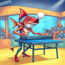 A whimsical and surreal illustration of a human body with a fish head playing ping pong