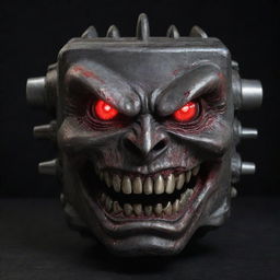 An intimidating, angry gear box with sharp metallic teeth and fierce, glowing red eyes.